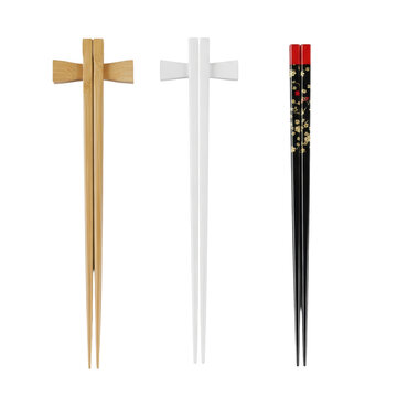 High-contrast flat lay of three distinct pairs of chopsticks (bamboo, white plastic, black lacquered) on a seamless pale grey background with shadowless lighting, concept for asian cuisine advertising
