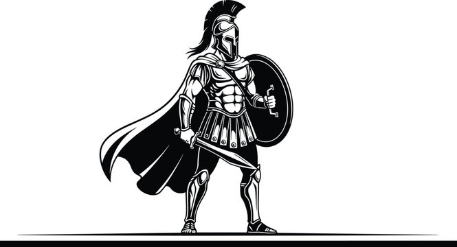 Classical warrior silhouette with shield and sword, heroic pose in armor and helmet &ndash; flat vector illustration