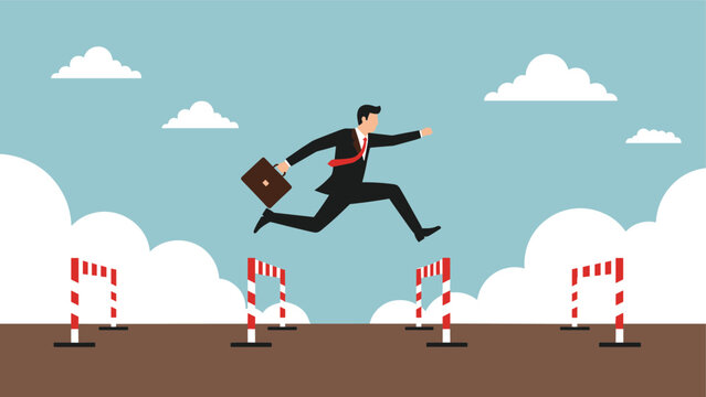 Businessman jumping obstacles to success, career challenge concept, overcoming barriers, corporate growth motivation, leadership achievement, business strategy, flat vector illustration