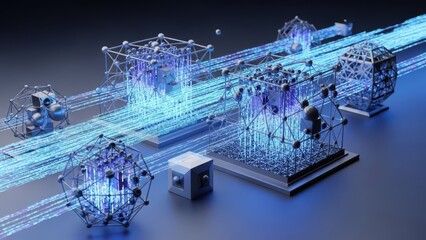 Abstract Futuristic Network Data Transfer with Glowing Blue Energy Streams and Geometric Structures