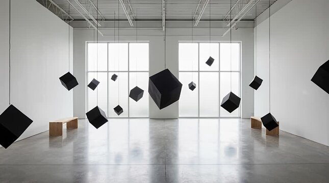 Gallery installation featuring suspended black cubes in a white room with large windows and benches.