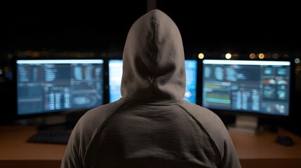 Anonymous hooded figure works on multiple computer screens in a dark room at night displaying data