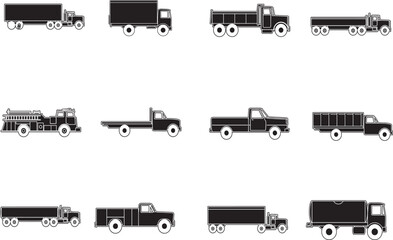 Collection of Black and White Truck Silhouettes and Icons lorry vehicle
