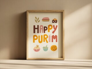 framed poster with happy purim text in bold colorful letters with illustrations of leaf pink hat and mask on light beige wall with ample copyspace concept of holiday celebration and decoration