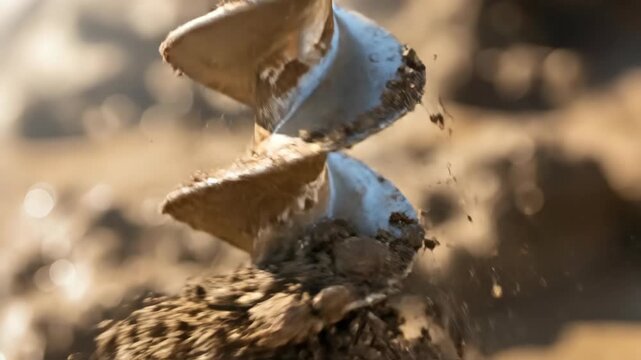 close up rotating drill bit digging in ground, motion blur as soil is excavated for construction or planting