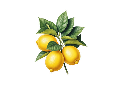 hyper-detailed watercolor botanical illustration of a lemon branch with vibrant yellow citrus fruit and matte green leaves, clean flat lay on transparent background, clean summer commercial concept