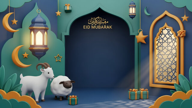Eid al adha celebration with goats in front of a decorative archway