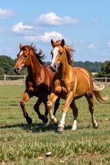 Obraz premium Two horses galloping freely across a grassy paddock, their manes and tails flying in the wind.