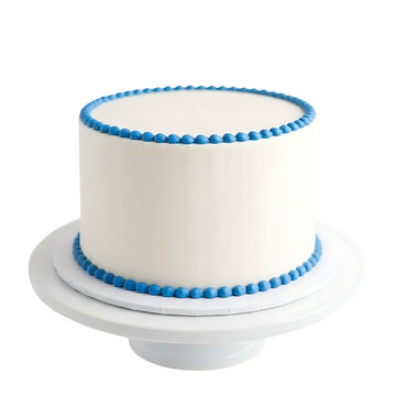 White cake with blue frosting border on a cake stand