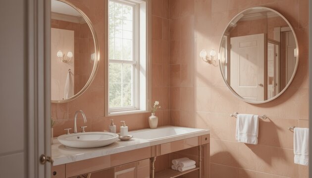 Elegant bathroom interior with peach tiles and modern fixtures