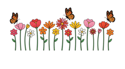Colorful flowers and butterflies on green stems isolated on transparent background