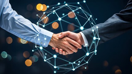 Business handshake with digital network representing partnership
