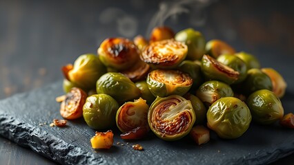 unobserved. Close-up of caramelized Brussels sprouts on dark slate, steam rising. menu design, packaging mockups, designed for culinary blogs and recipe cards for restaurants, used by art directors.