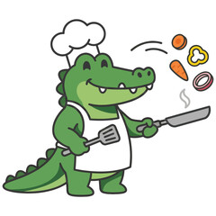 Chef Crocodile Cooking &ndash; Cute Flat Vector Cartoon