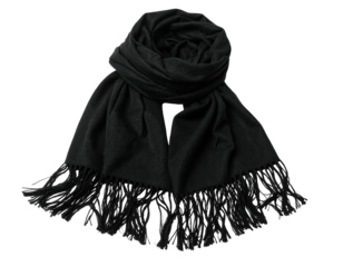 A plush black scarf with fringed ends, draped loosely on a black background