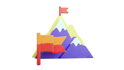 3D Illustration of Mountains with Flags, Representing Goals and Achievements