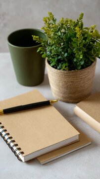 A minimalist setup featuring a notebook and a small potted plant.