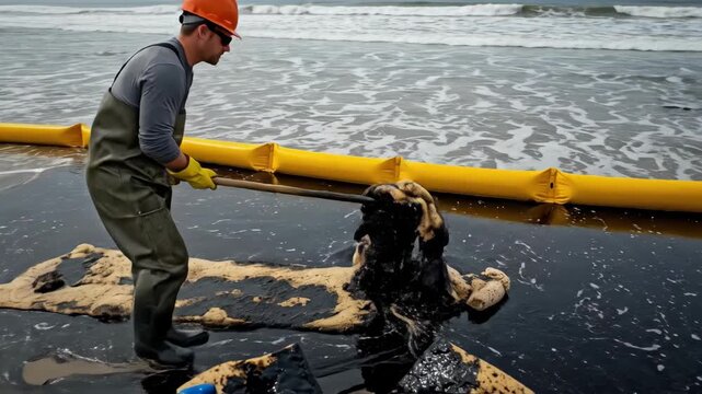 Man cleaning oil on polluted ocean beach. Environmental protection concept of oil spill removal with absorbent booms.