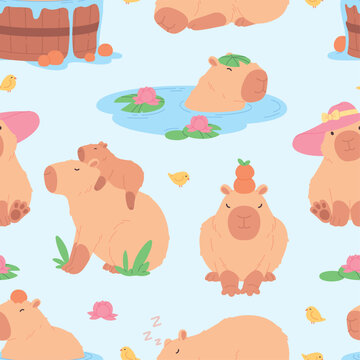 Cartoon capybara. Funny capybaras seamless pattern. Capy swimming in pond, sitting with orange. Chicky and water lilly. Children print template, vector background