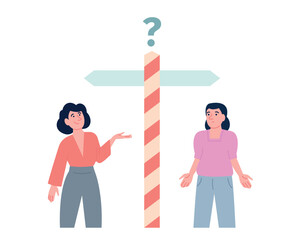 Female choose right way. Women stand near road sign with two destination arrows. Metaphor of choosing path, growing up, determination, vector scene