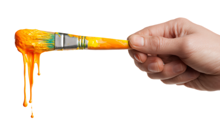 Hand holding paintbrush with orange paint dripping on transparent background