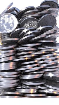 Coins fall into a pile on a white background, 3D animated video