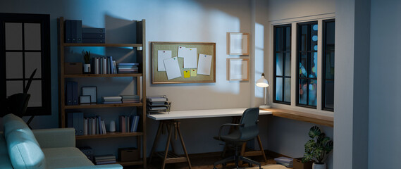 3D rendered home studio scandinavia style workspace at night time