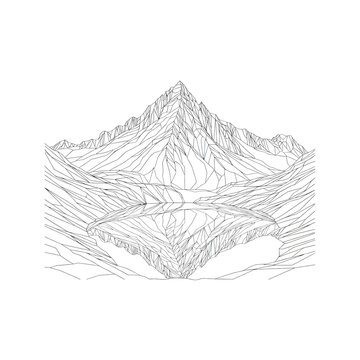continuous black line vector illustration depicting minimalist alpine peaks reflected in a still lake, top view, centered on a solid transparent background, high contrast. concept of graphic natural