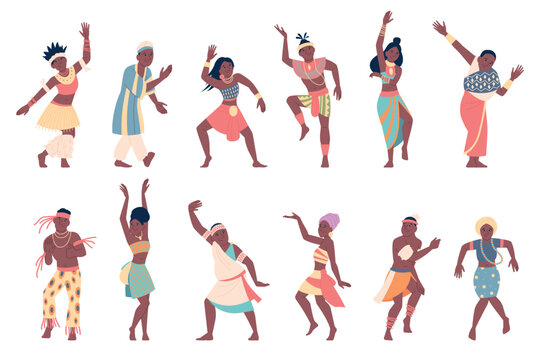 African dancers. African male and female in traditional costumes, tribal dances. Actors actress dancing, ethnic team characters, recent vector clipart