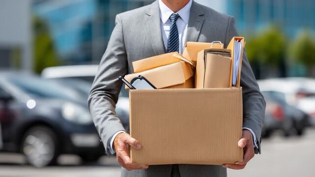 Job Loss: A person in formal attire holding a cardboard box filled with their belongings, symbolizing job loss and the end of a chapter in their professional life.