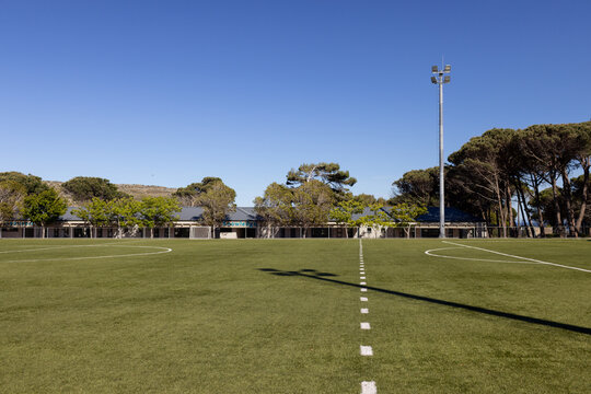 Artificial turf pitch is stretching to horizon with dashed center line, floodlight tower shadowing