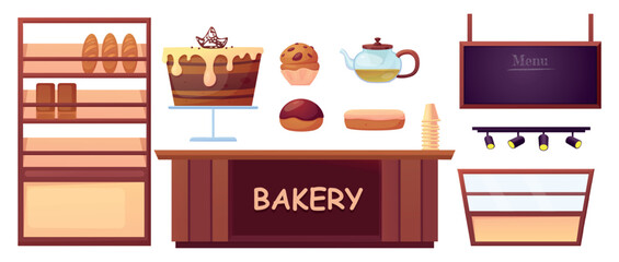 Bakery furniture. Bread stand, wooden cashier desk and showcase for cakes, cookies, donuts. Teapot, menu blackboard, sweet muffin, nowaday vector set