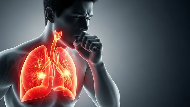 Man coughs showing inflamed lungs anatomy