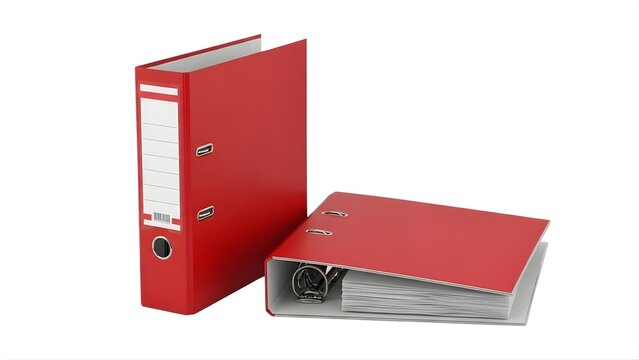 Two red binders standing and lying open on a white background on transparent background
