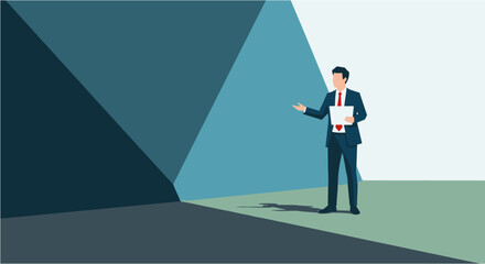Fototapeta premium A professional businessman in a suit stands confidently with documents, presenting an idea against a modern geometric background.