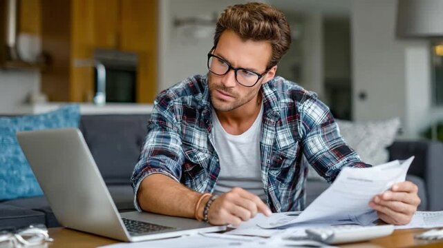 Focused Examination: A thoughtful individual, immersed in a study, meticulously reviews documents and utilizes a laptop, symbolizing diligent work and focused attention.