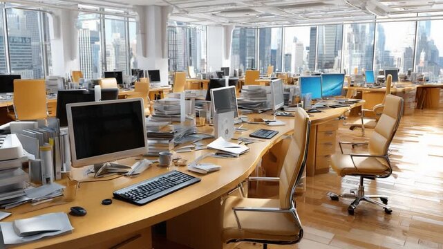 Dynamic Workspace with a City View: An open-plan office features workstations with computers and equipment set against expansive windows that reveal a bustling cityscape.