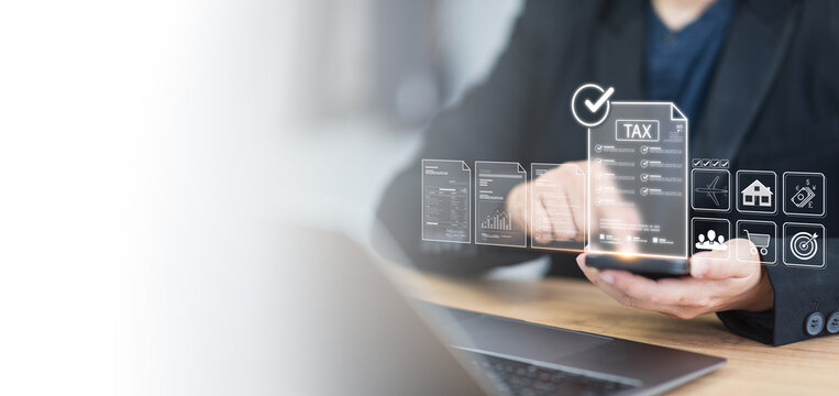 Financial concept regarding corporate business planning. Calculating machine performs tax calculation. Online accounting budget manages income vat return payment