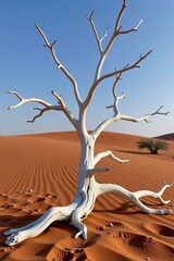 The skeletal remains of a tree bleached white by the sun, contrasting against red sand.