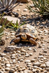A desert tortoise moving slowly through dry scrub brush and rocks.