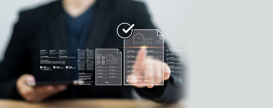 Online home portfolio listing displays real estate property item. Management contract document sheet holds digital datum information. Catalog organizes real estate data