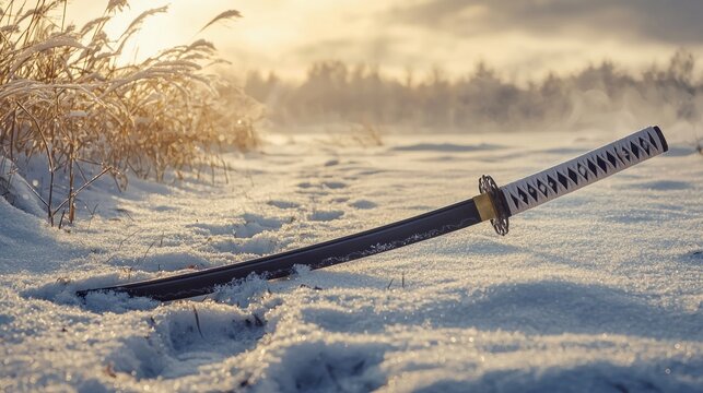 A dramatic, cinematic shot of a katana placed in the snow beside a warrior&acirc;&euro;&trade;s footprints, symbolizing calm after battle