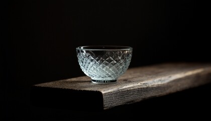 Obraz premium 木目のテーブルに置かれたレトロでアンティーク調のガラスグラス（虹色・オパール・プリズム表現／コピースペース付き） Retro Antique-Style Glass Cup with Iridescent Opal Prism Effects on Wooden Table (Copy Space) 