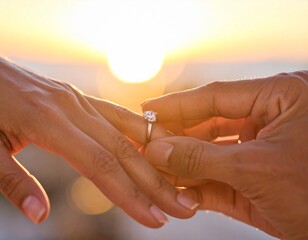 Man proposing to woman with a diamond ring during a romantic sunset beach or field engagement
