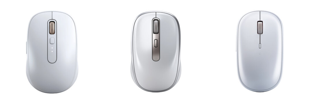 Trio of matte white wireless computer mice: top view minimal peripherals for office workstations, modern scroll wheel design