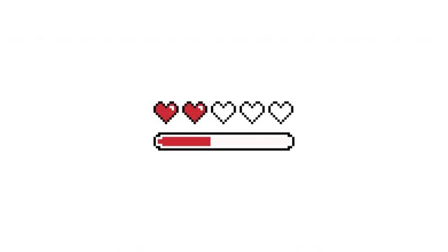 4K Pixel Art Health Bar Animation with Red Heart Icons Decreasing Health Level on transparent background