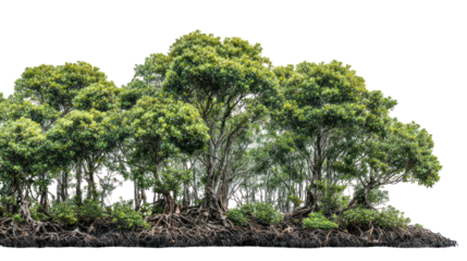 Lush green forest trees, nature background, isolated on transparent background