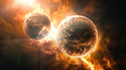 Two planets orbiting in a fiery cosmic scene. Bright flames and swirling gases surround the celestial bodies, creating a dramatic space atmosphere.