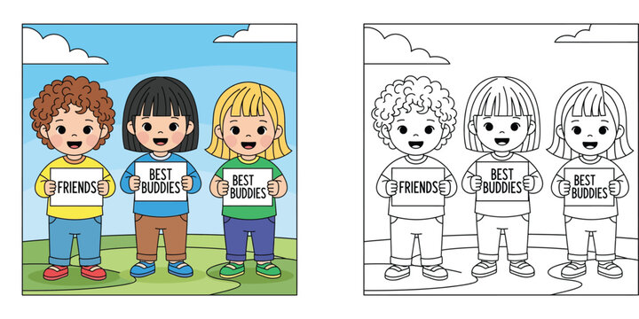Three cute kids holding friends and best buddies signs vector illustration for coloring book with color preview and black outline.