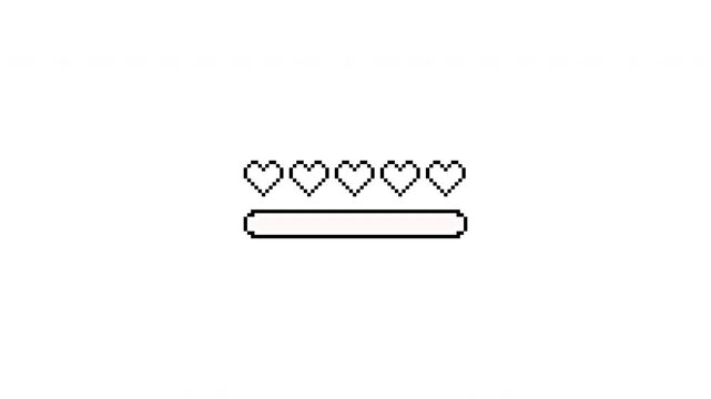 4K Retro game pixel art health bar animation with red heart icons decreasing to zero life game over on transparent background
